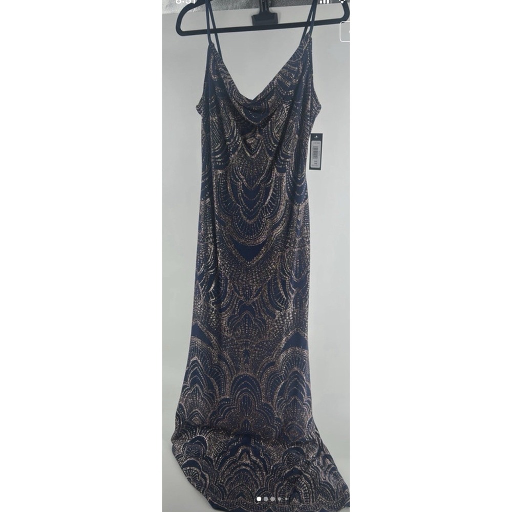 Jump Apparel Vintage Y2K Navy Gold Glitter Cowl Neck Art Deco Bodycon Dress 5/6